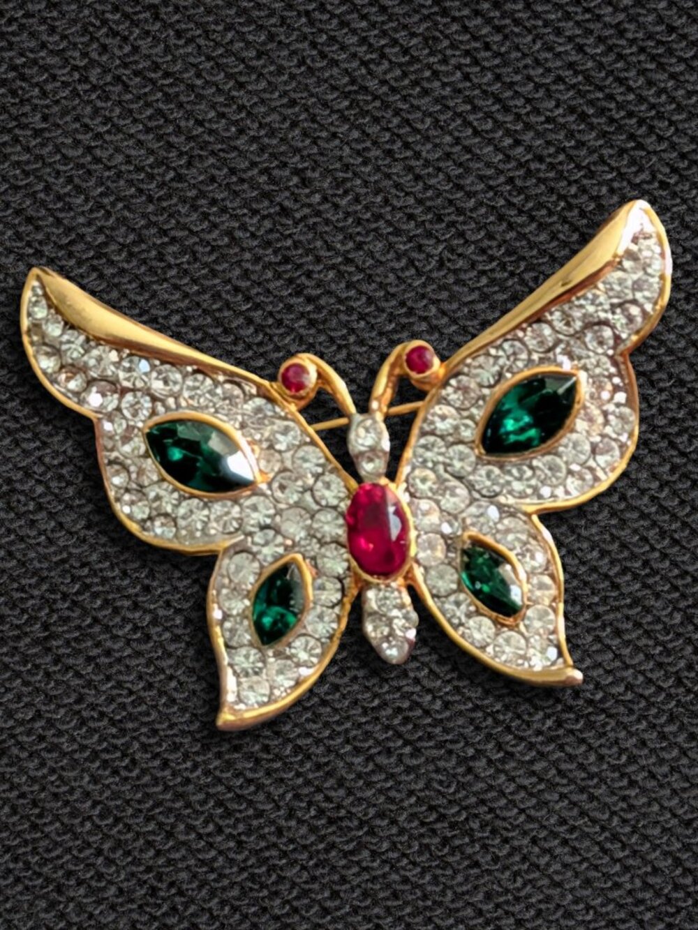 Vintage Enamel Butterfly Brooch Pin – Green, White & Red, Gold-Tone